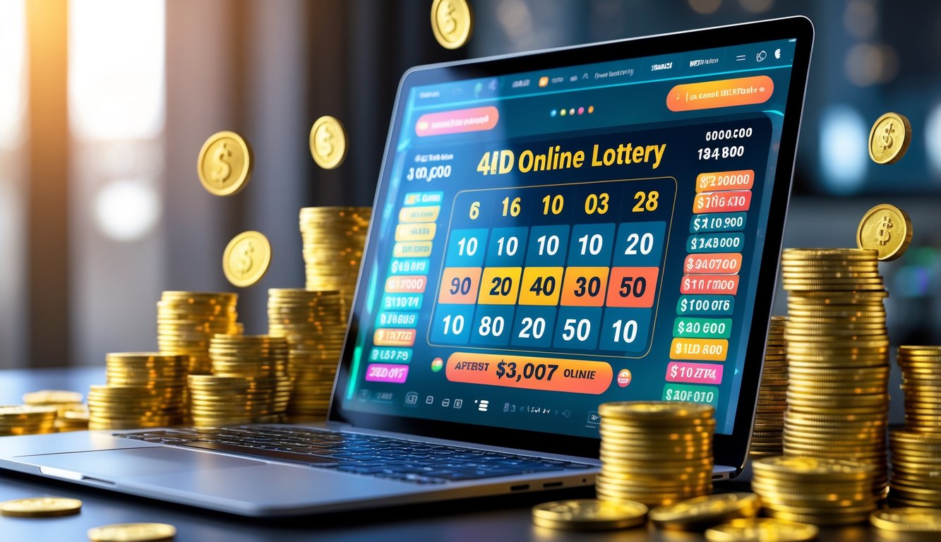 Sebuah perangkat digital dengan tampilan lotere 4D online, dikelilingi oleh tumpukan uang dan koin emas yang menunjukkan hadiah besar.