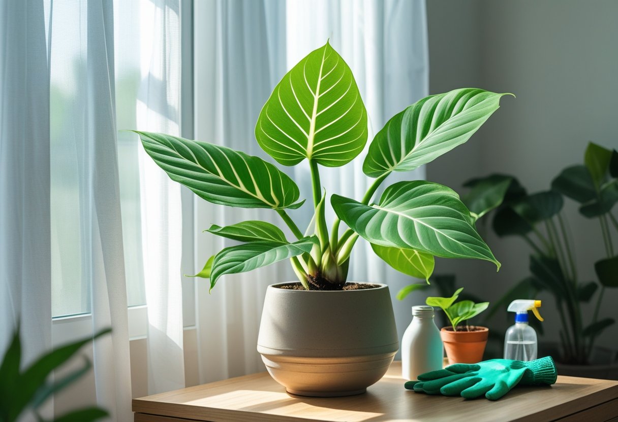 A healthy Alocasia plant with large green leaves in a ceramic pot near a bright window indoors.