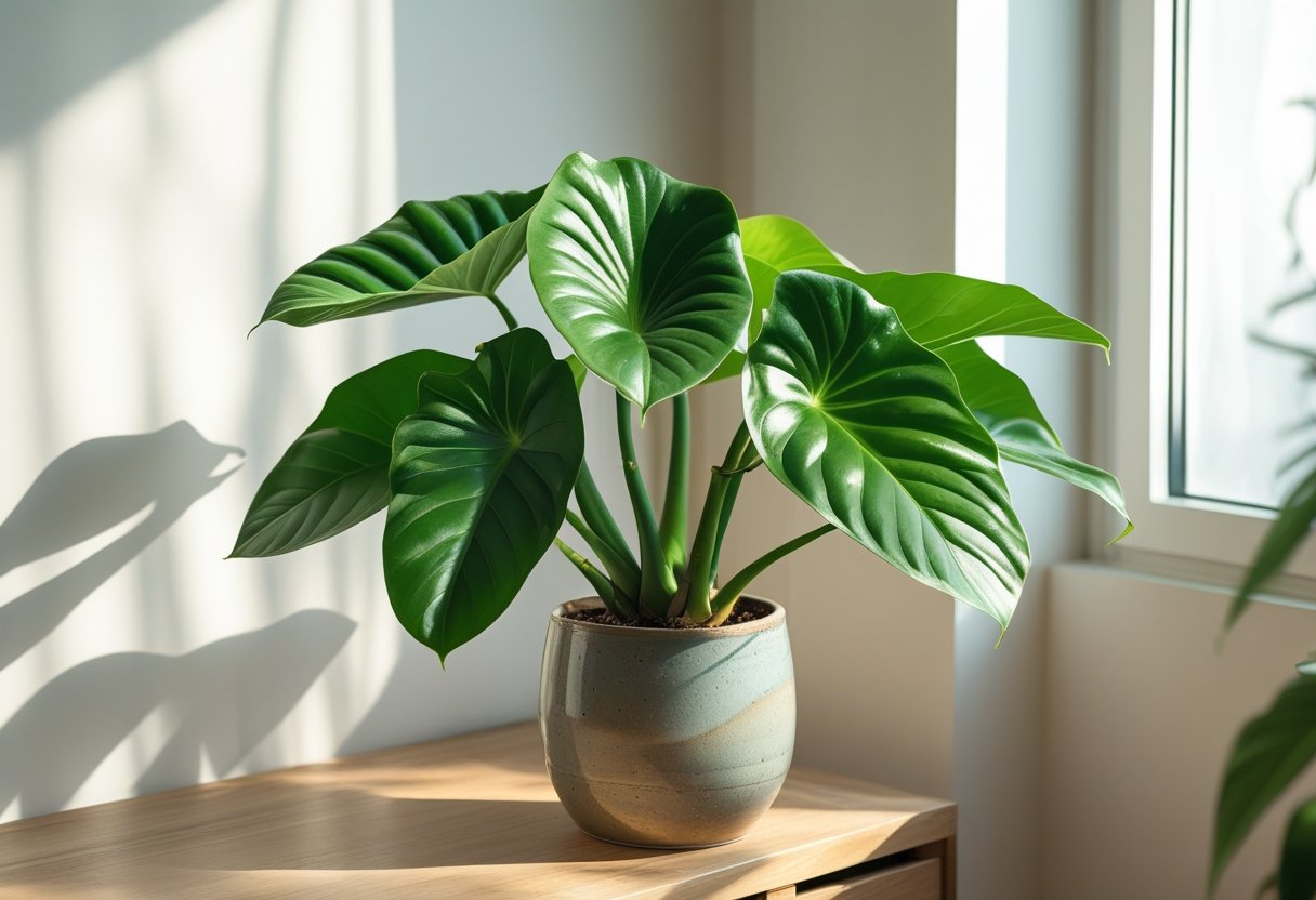 An alocasia plant with large green leaves placed near a bright window indoors on a wooden surface.