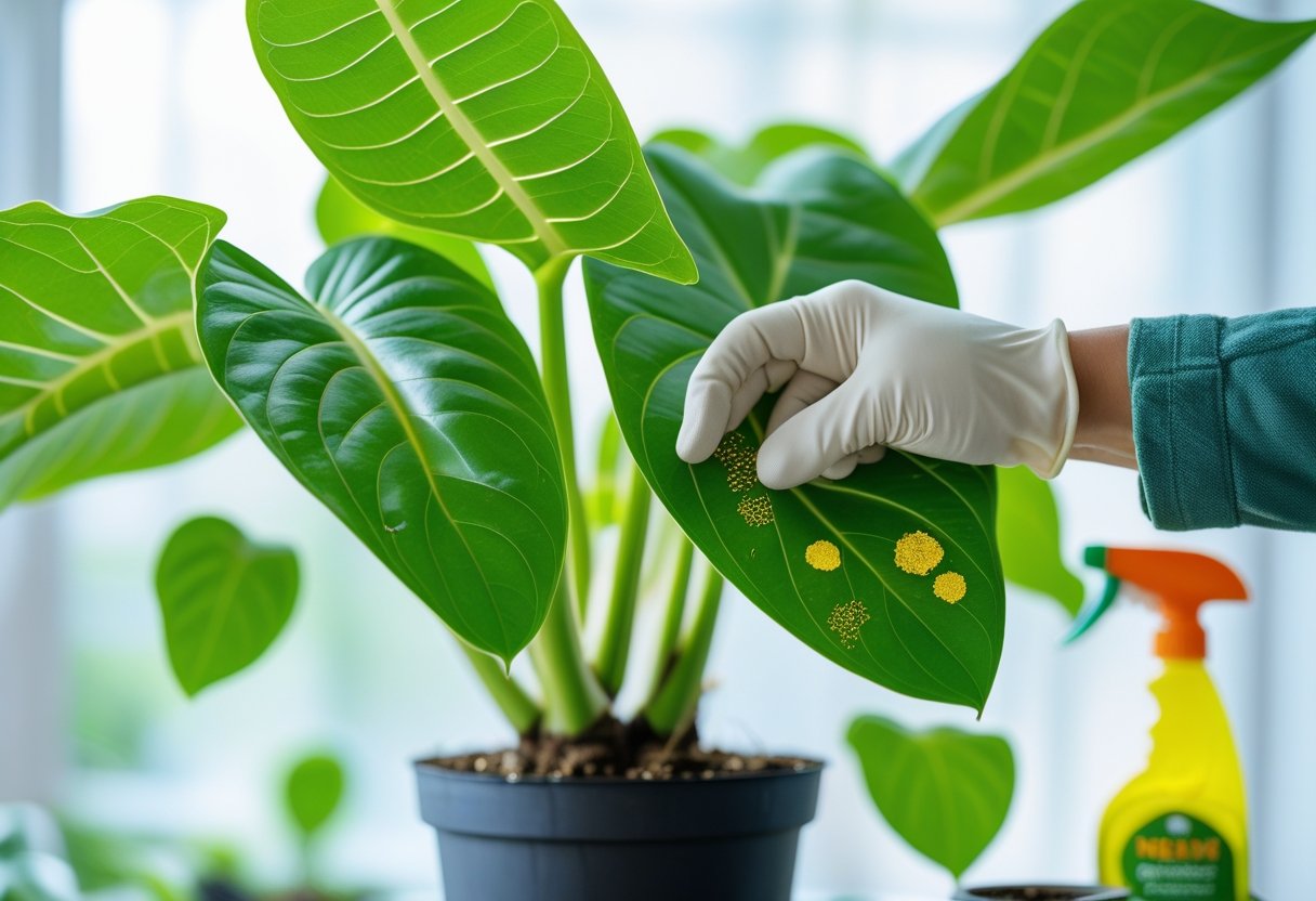 A person wearing gloves inspecting healthy green Alocasia leaves for pests and diseases with gardening tools nearby.