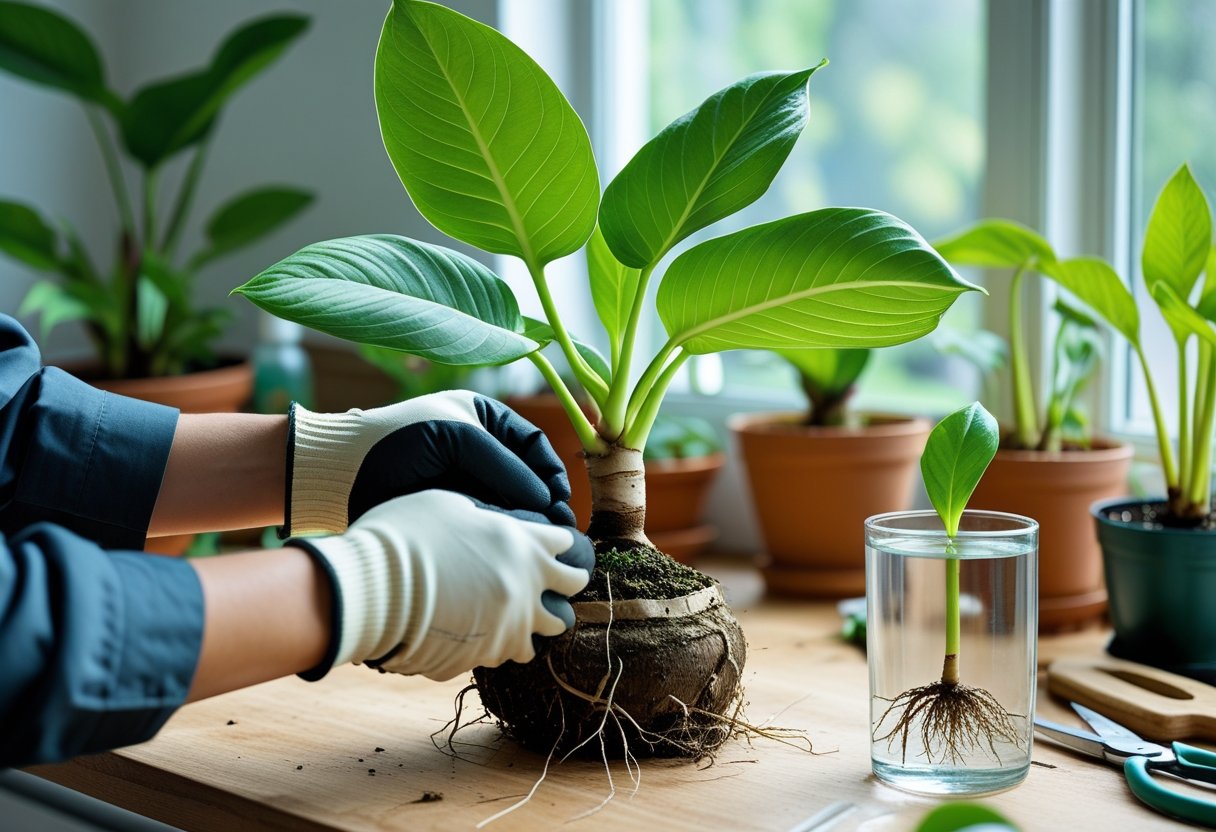 Hands propagating an Alocasia plant using division and water methods in a bright indoor gardening setup.