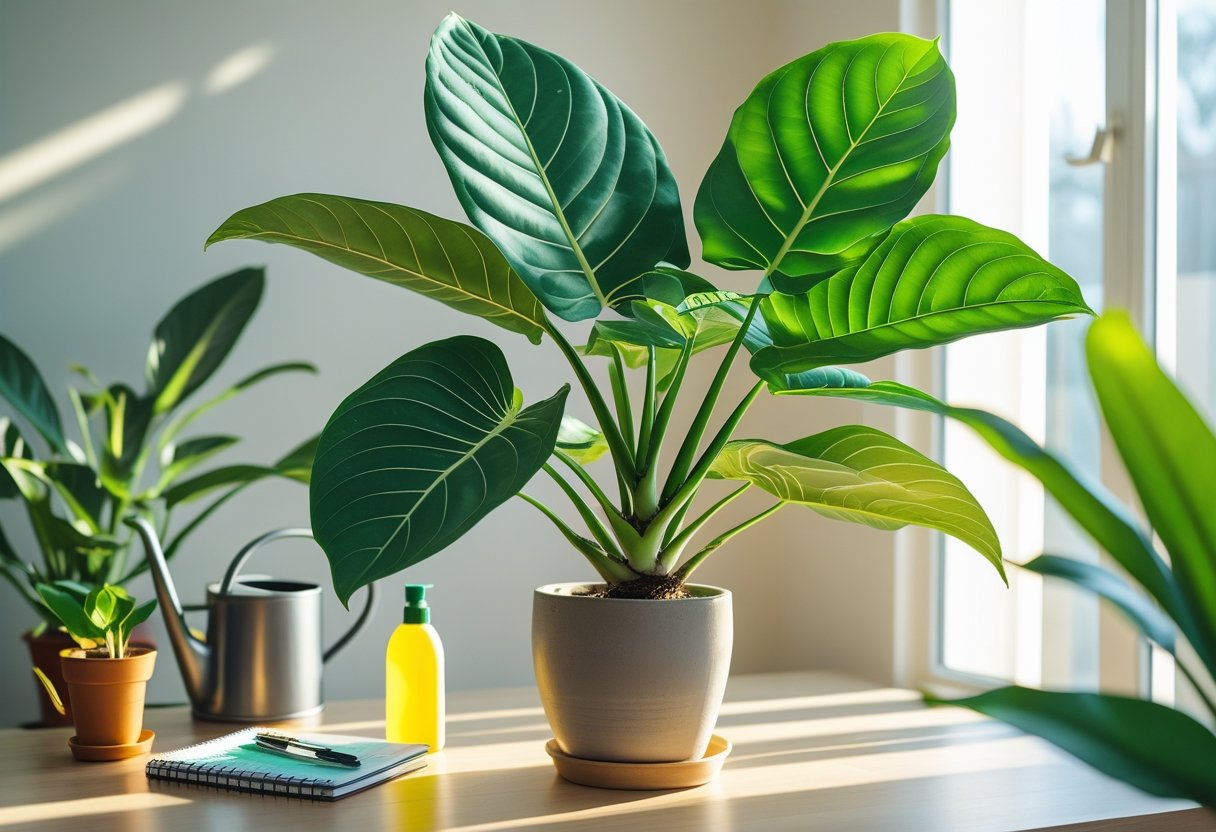 A healthy alocasia plant with large green leaves indoors near a window, accompanied by a watering can, spray bottle, and notebook.