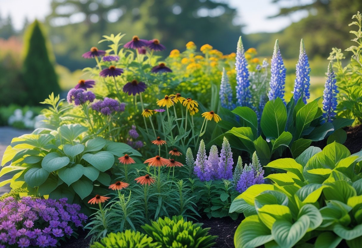 A garden bed filled with colorful perennial flowers and green plants under a clear blue sky.