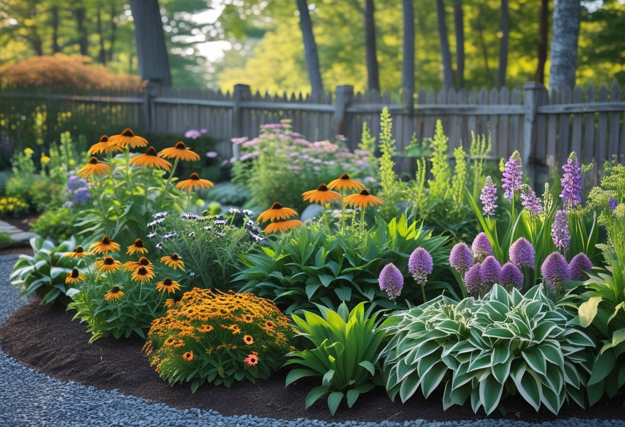 A colorful garden with blooming perennial flowers and green foliage under soft sunlight, featuring a wooden fence and tall trees in the background.