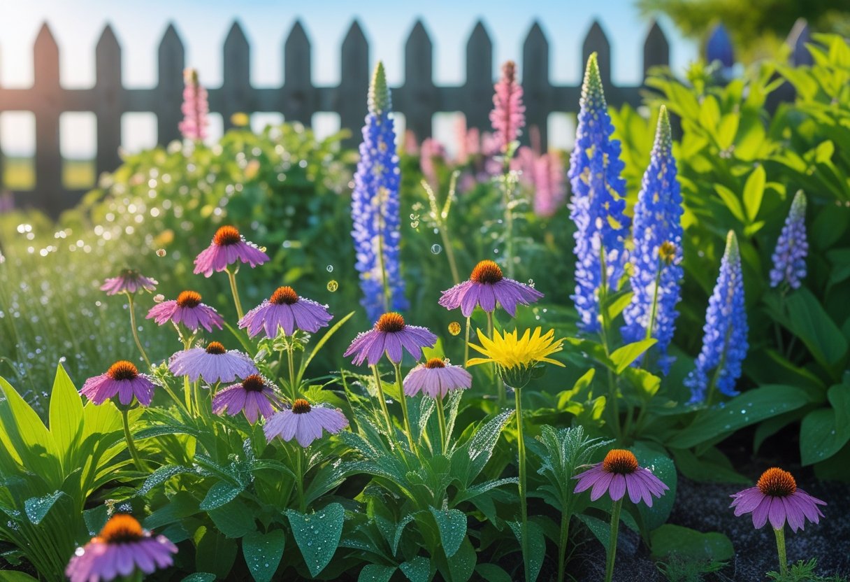 A garden with blooming perennial flowers including purple coneflowers, black-eyed Susans, lupines, and bee balm under a clear blue sky. Best Perennials for Maine