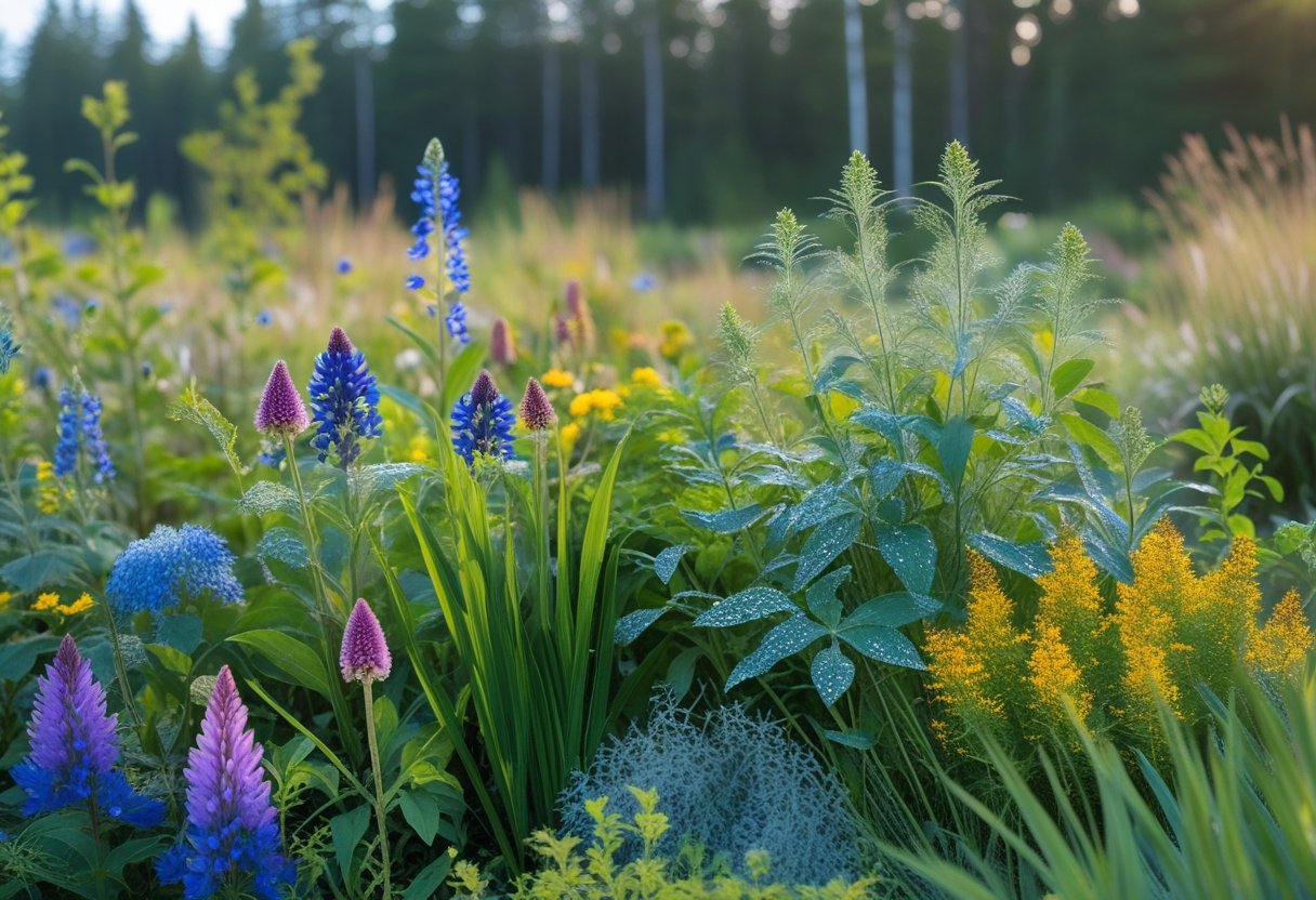 A garden filled with colorful native perennial flowers and green plants with a forest background, showing a variety of plants thriving in natural sunlight.