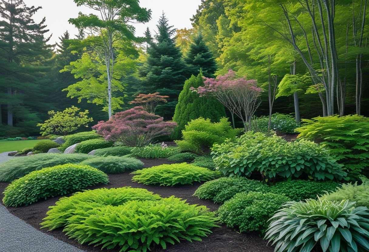 A landscaped garden with green groundcovers, shrubs, and tall trees under natural sunlight.