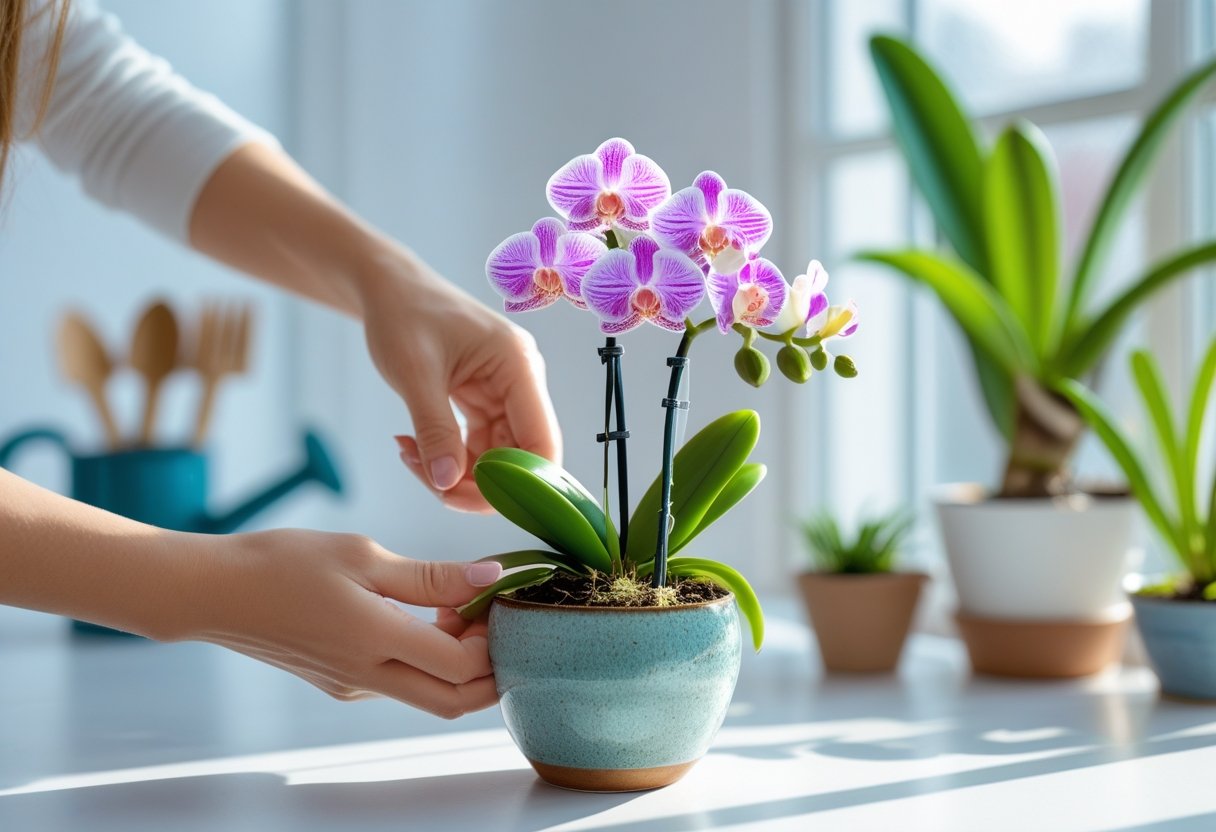 Hands gently tending to a small mini orchid plant with pink and white flowers in a bright indoor setting.