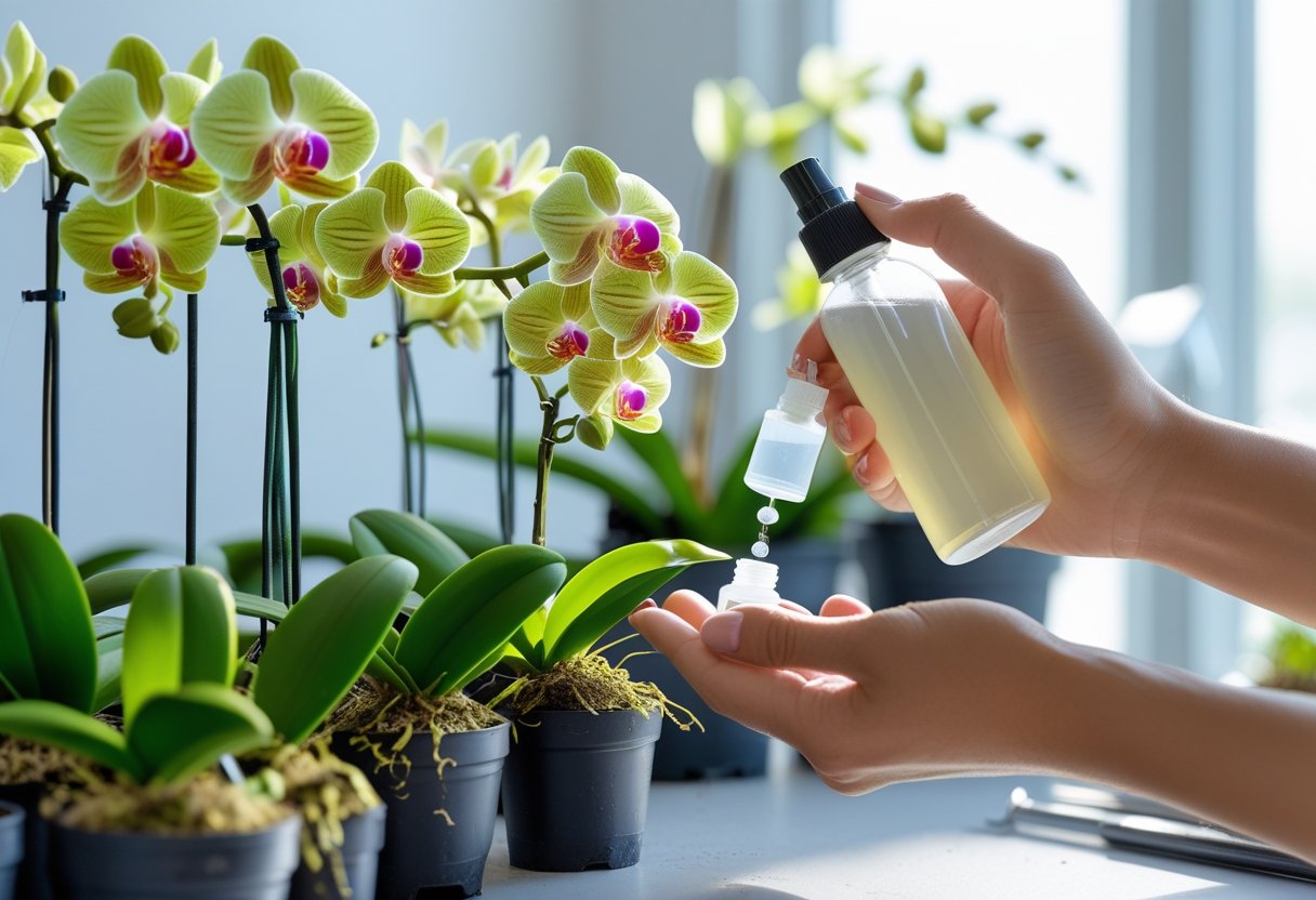 Close-up of hands feeding and fertilizing healthy mini orchids in a bright indoor gardening space.