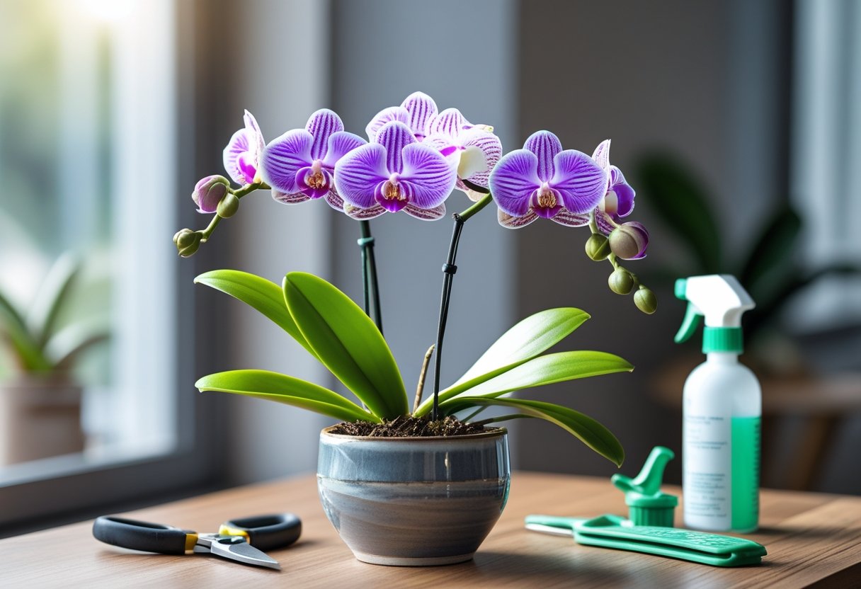 A healthy mini orchid with purple and white flowers in a pot on a wooden table near a window, accompanied by gardening tools. How to Care for Mini Orchids