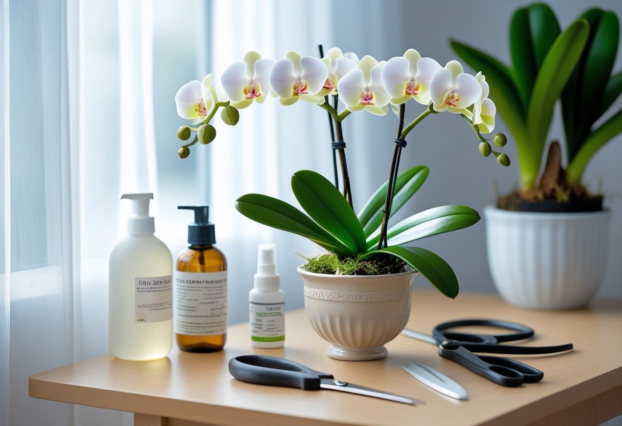 A close-up of a healthy mini orchid plant on a wooden table near a bright window with orchid care tools nearby.