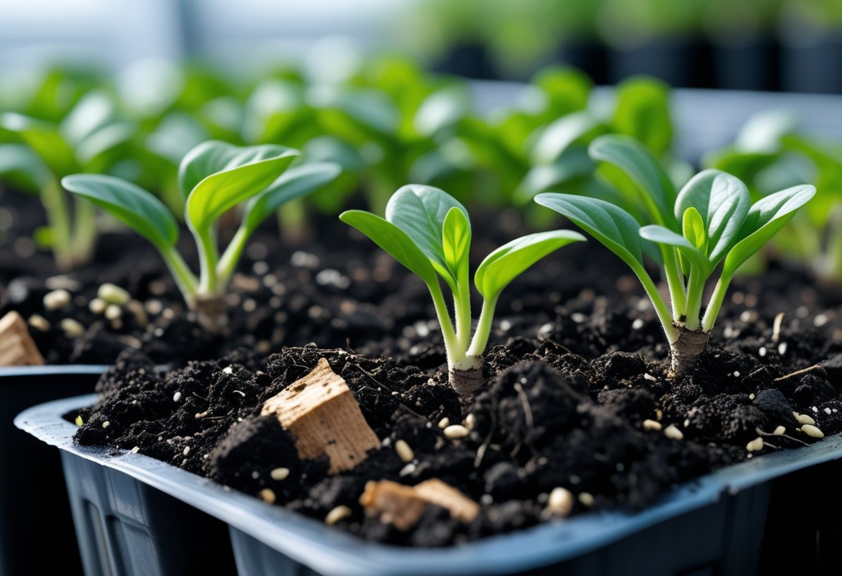 Close-up of rich soil in a nursery pot with healthy green plant clones growing from it.