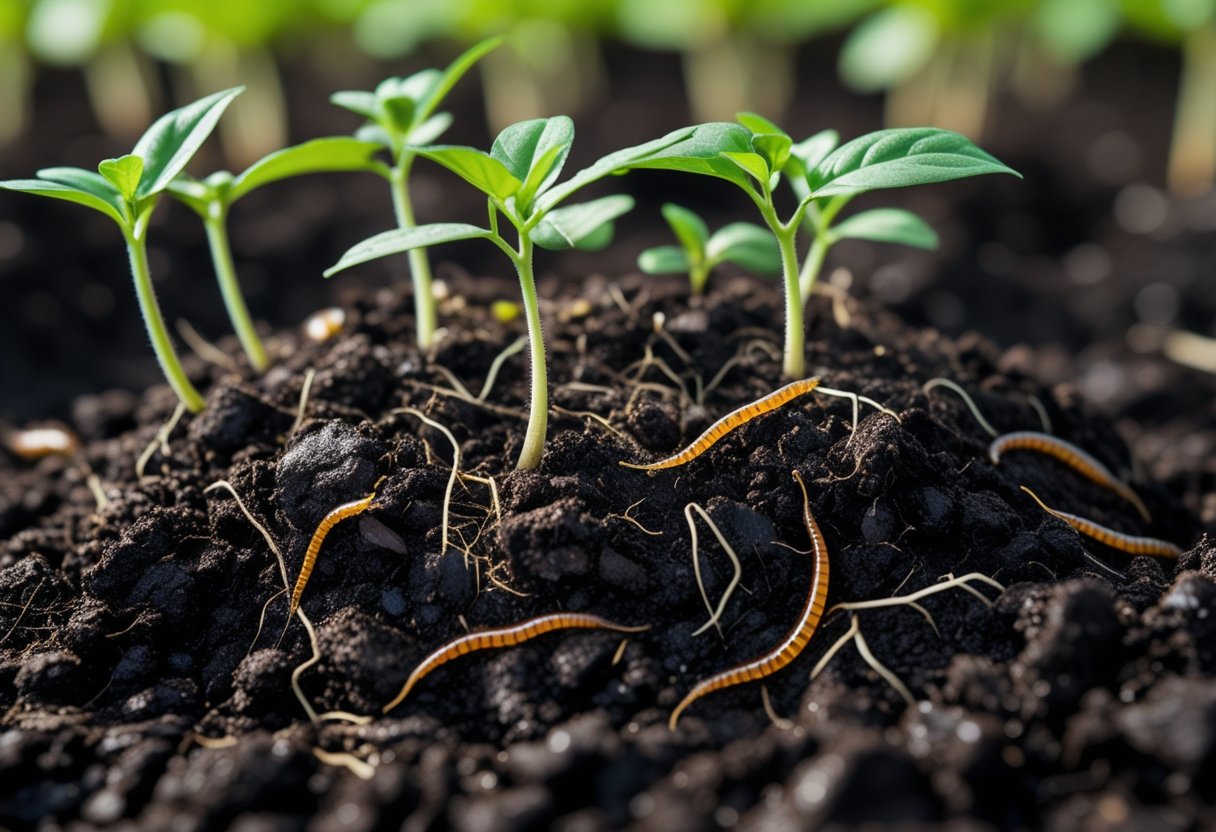 Close-up of rich, moist soil with young green plant clones growing from it.