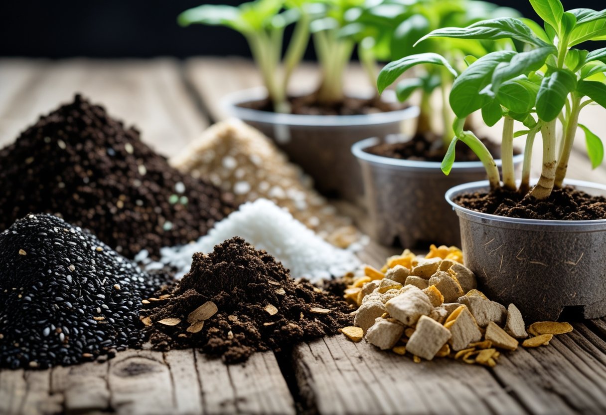 Close-up of various soil mix ingredients and young plant clones in small pots on a wooden surface.