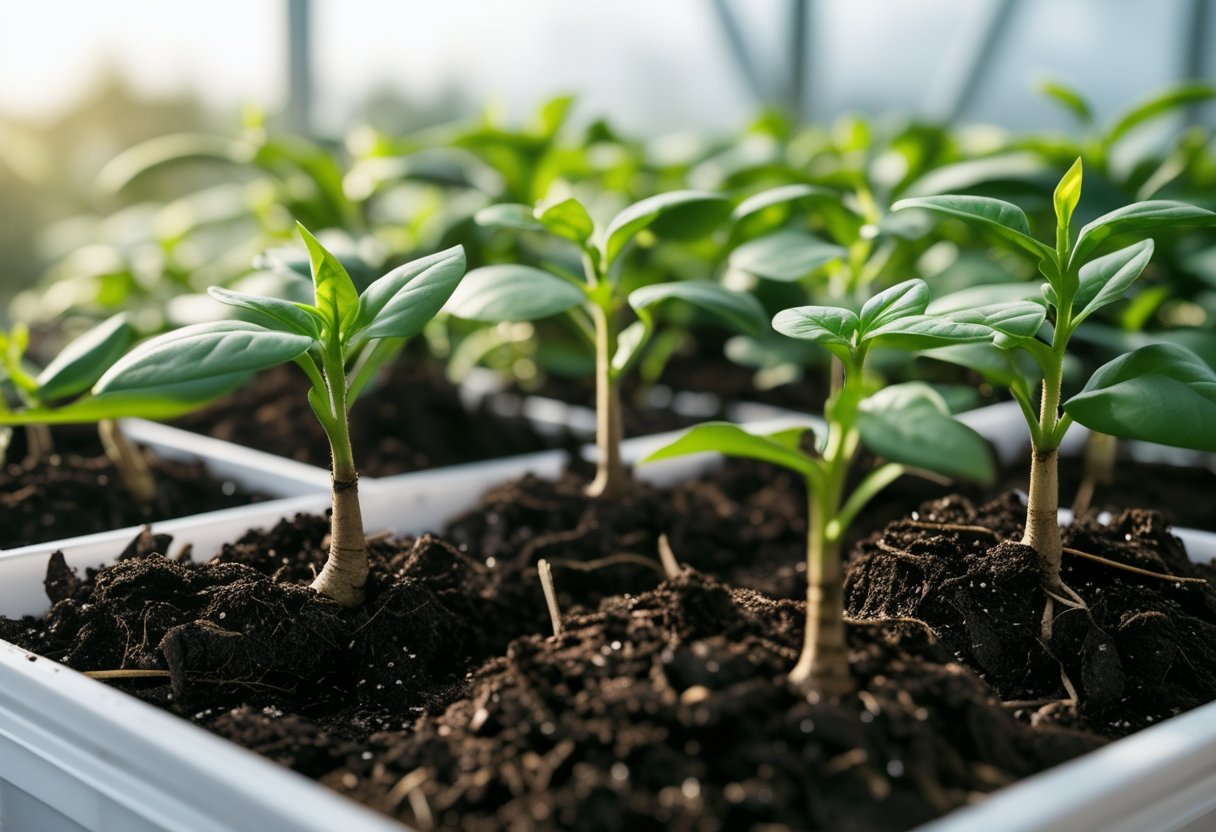 Close-up of young plant clones growing in rich dark soil inside white pots under soft natural light.