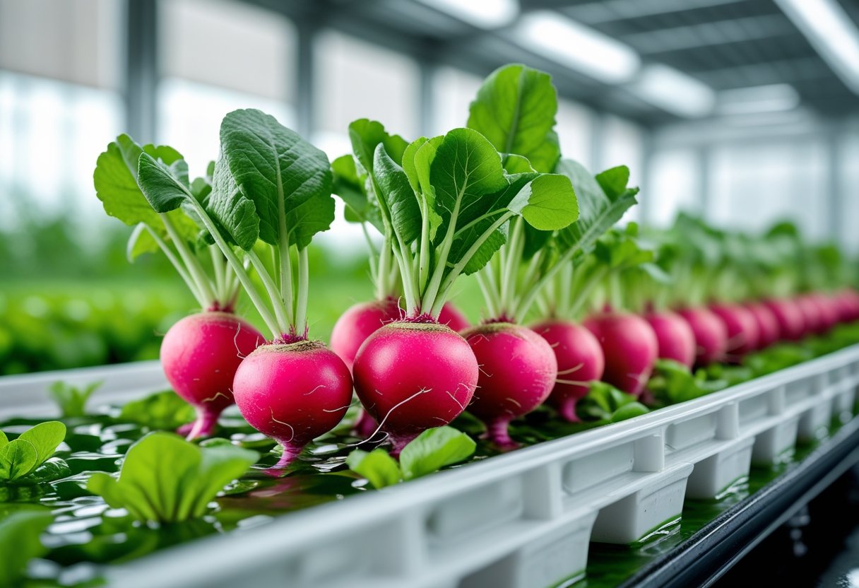 Fresh hydroponic radishes growing in white trays inside a modern indoor farm.