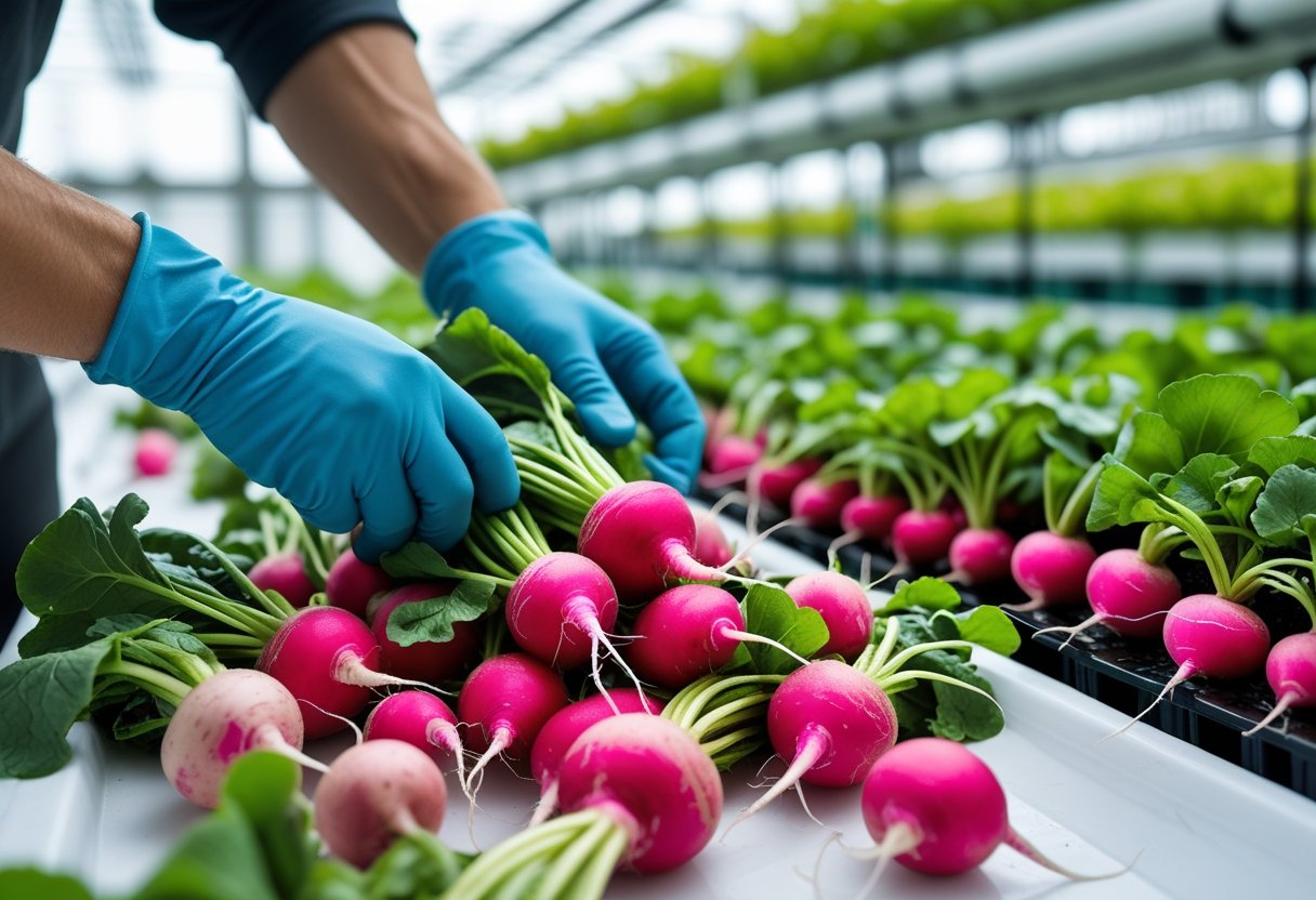 Hands selecting fresh radishes with green leaves near a hydroponic farming setup.