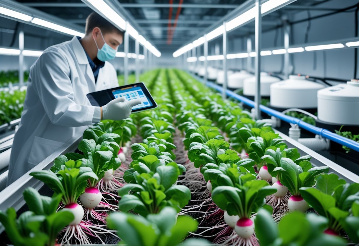 A person inspecting healthy radish plants growing in a modern indoor hydroponic farm with advanced equipment.