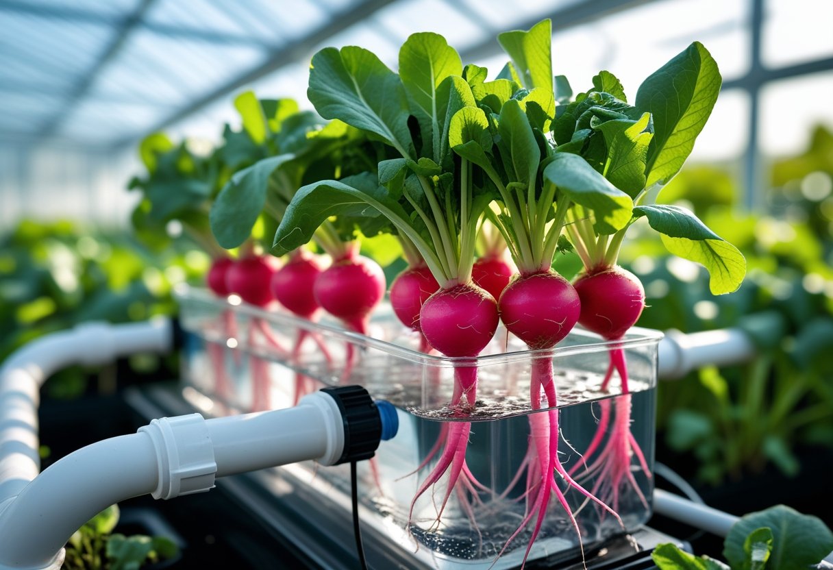 Close-up of healthy radishes growing in a hydroponic system with green leaves and red roots visible in clear water. Hydroponic Radishes