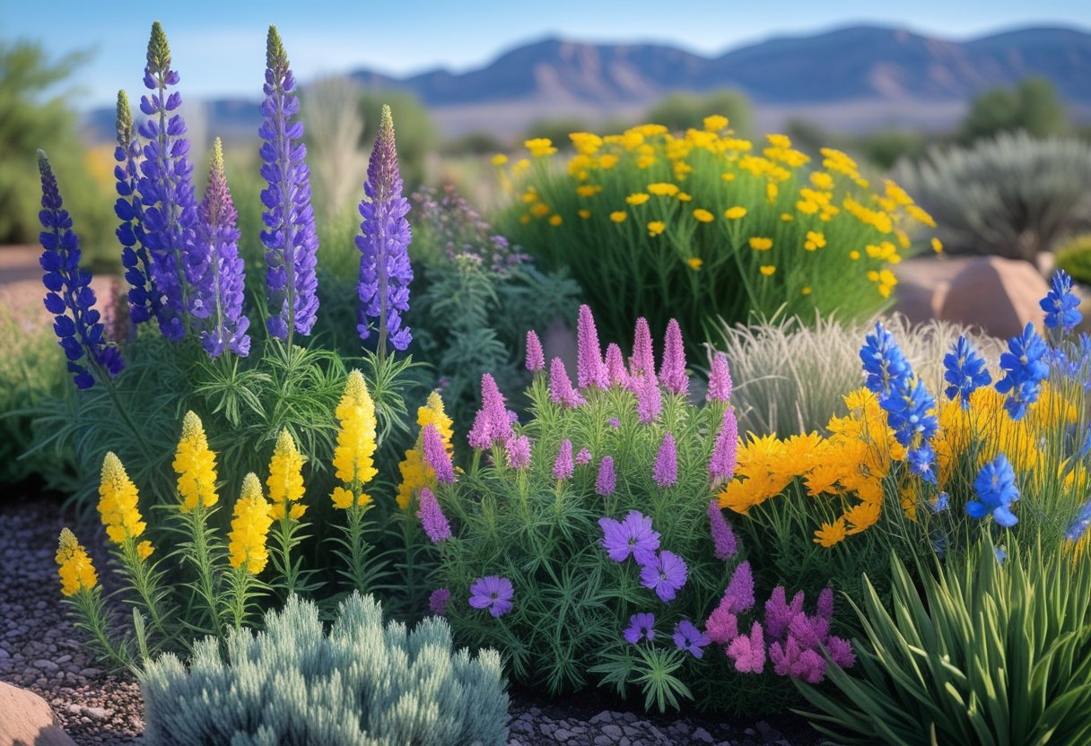 A garden bed filled with colorful perennial flowers and green plants with mountains and a clear sky in the background.