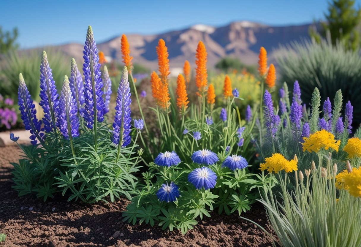 A colorful perennial garden with various flowering plants and Utah mountains in the background under a clear sky.