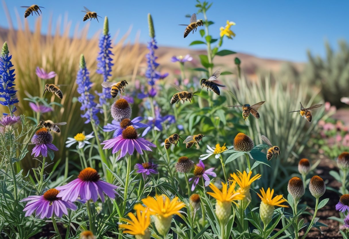 A sunlit garden in Utah filled with blooming perennial flowers attracting bees, butterflies, and hummingbirds.