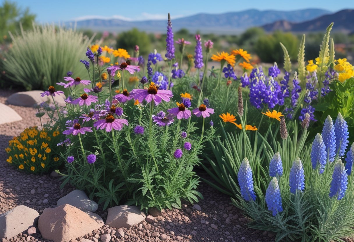 A colorful garden with various blooming perennial flowers and green plants set against a mountainous Utah landscape.