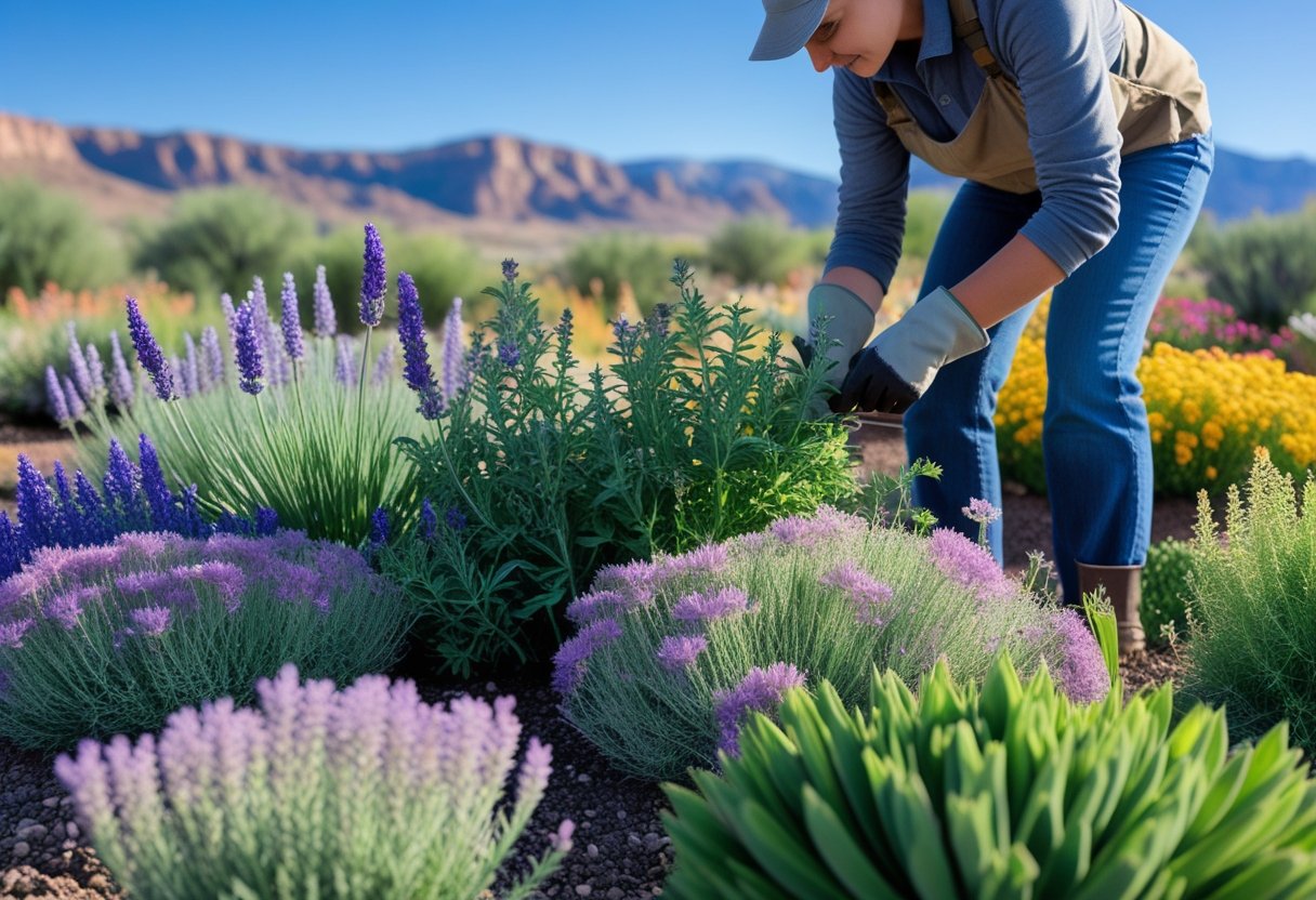A gardener caring for colorful perennial plants in a sunny Utah garden with mountains in the background.