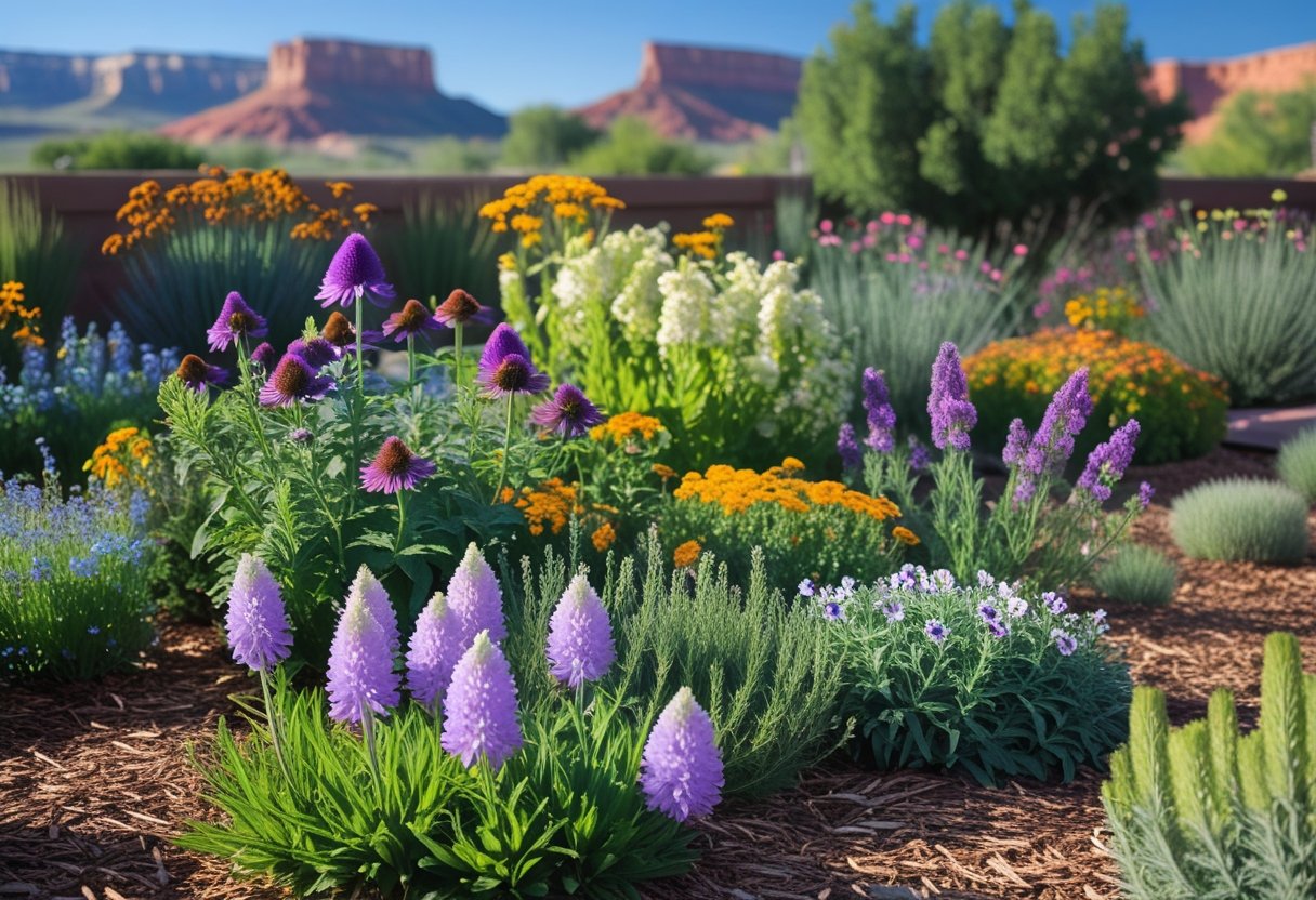 A colorful perennial garden with various flowering plants and green foliage set against a clear sky and distant red rock formations.