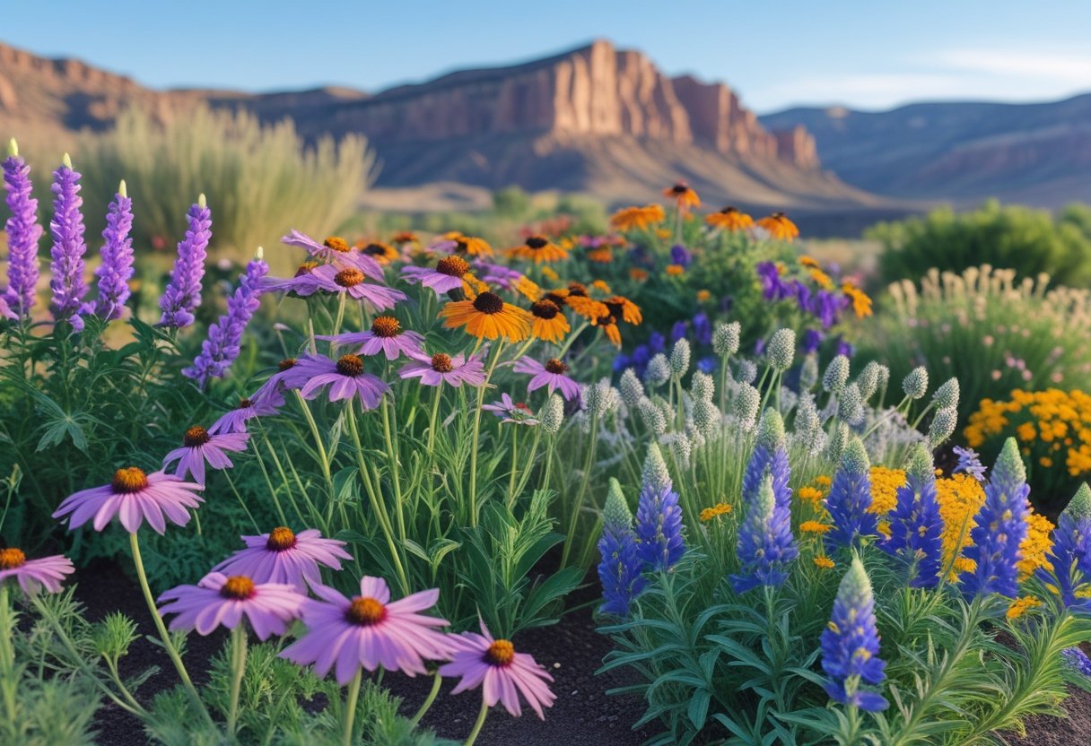 A colorful garden of blooming perennial flowers with Utah mountains in the background under a clear blue sky.