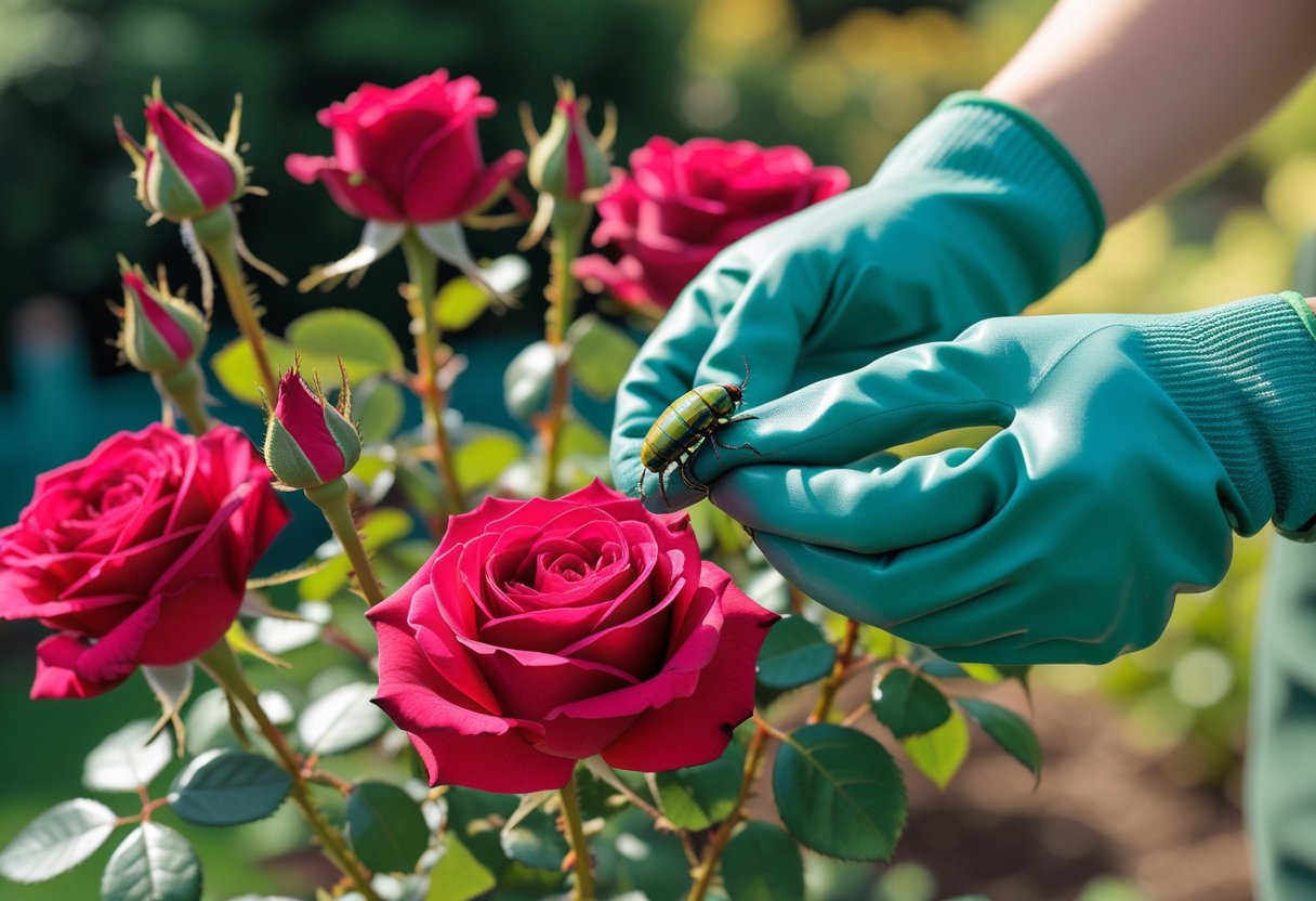 Close-up of red roses with green beetles on the petals and leaves, and a person wearing gloves removing the beetles by hand in a garden.