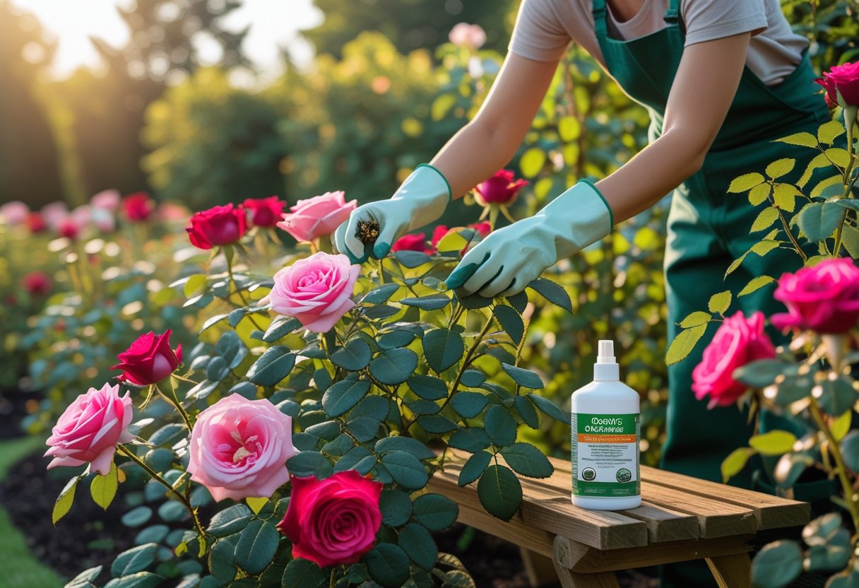A gardener inspecting and removing beetles from healthy blooming rose bushes in a well-maintained garden. How to Get Rid of Beetles on Roses