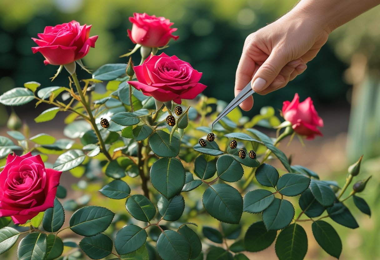 A gardener removing beetles from a rose bush with red roses and green leaves in a garden.
