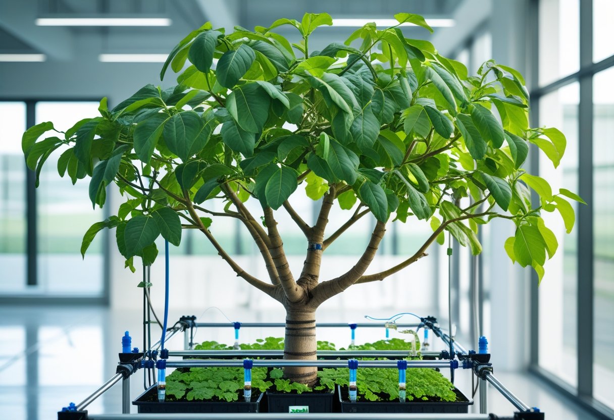 A healthy hydroponic tree growing indoors with green leaves and a visible water-based support system.