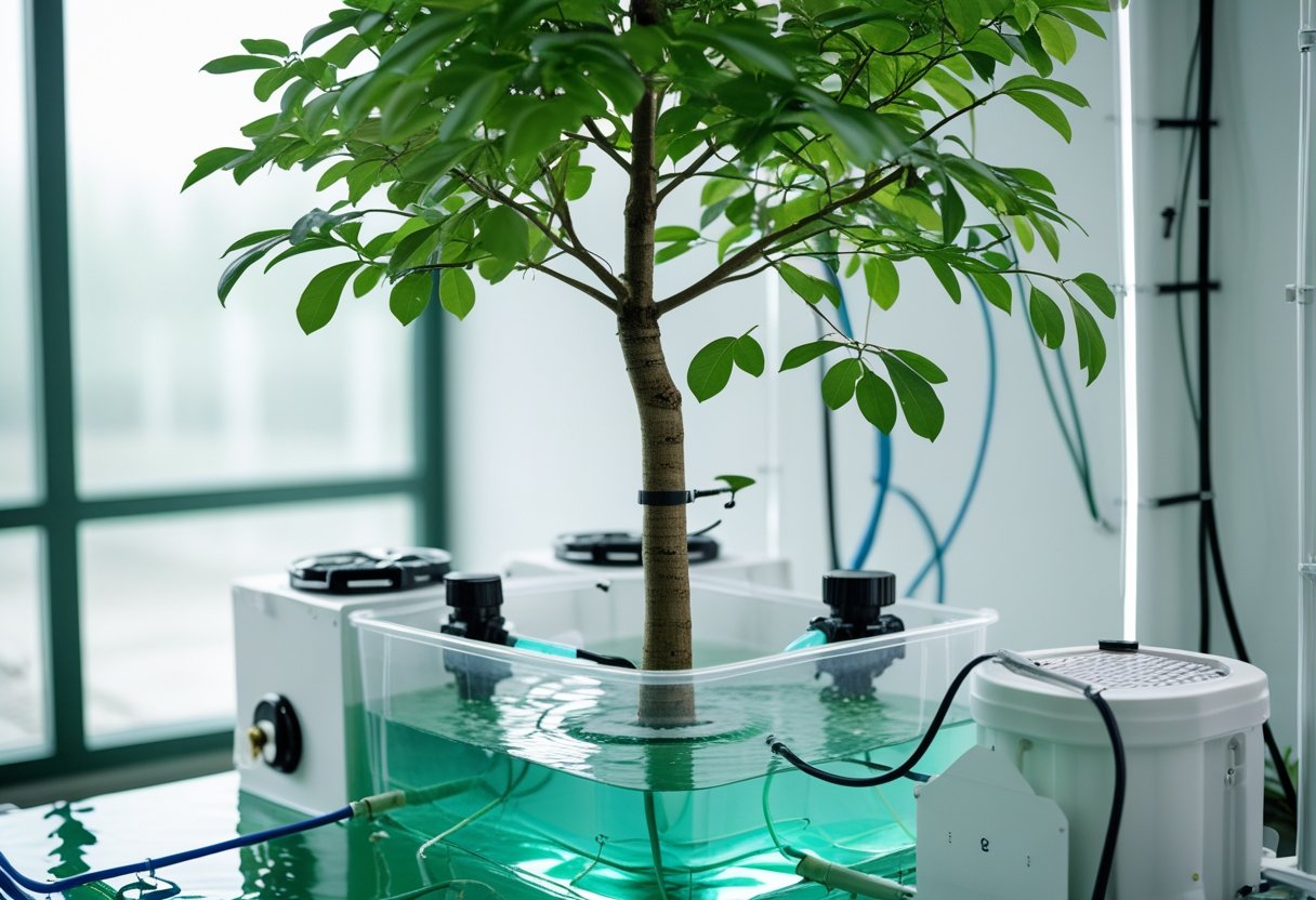 A healthy tree growing indoors in a hydroponic system with water, tubes, and aeration equipment visible. Hydroponic Tree Cultivation