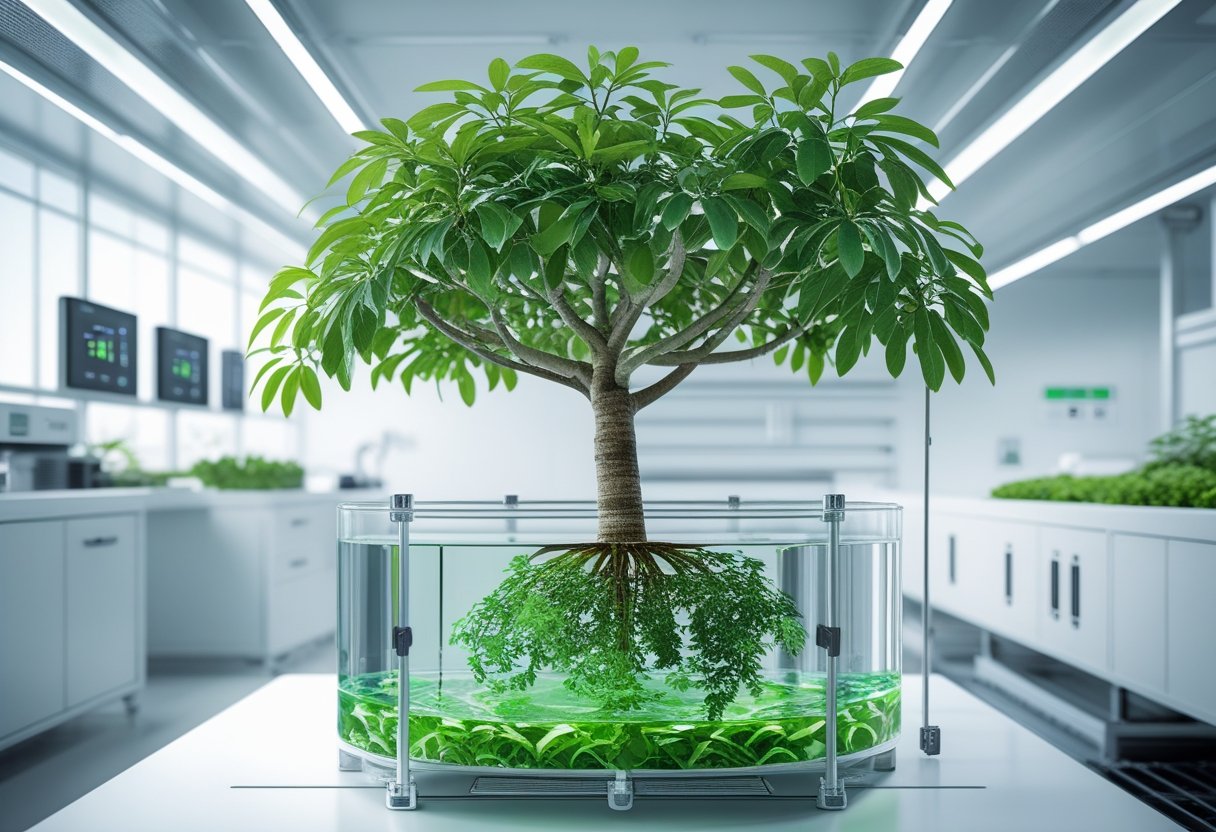 A healthy green tree growing in a transparent hydroponic system inside a bright, modern greenhouse with technology equipment around it.