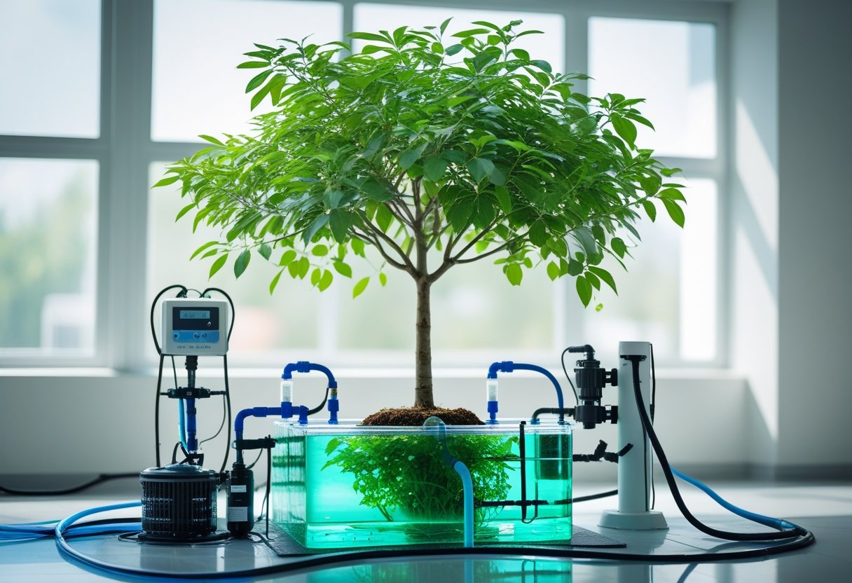 A healthy green tree growing in a transparent hydroponic system indoors with tubes and equipment visible around it.