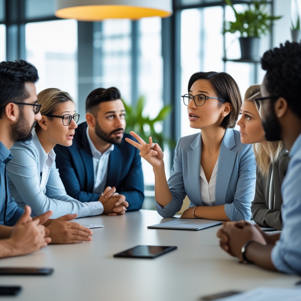 A group of business people in a meeting room engaged in a discussion, with one woman speaking and others listening attentively.