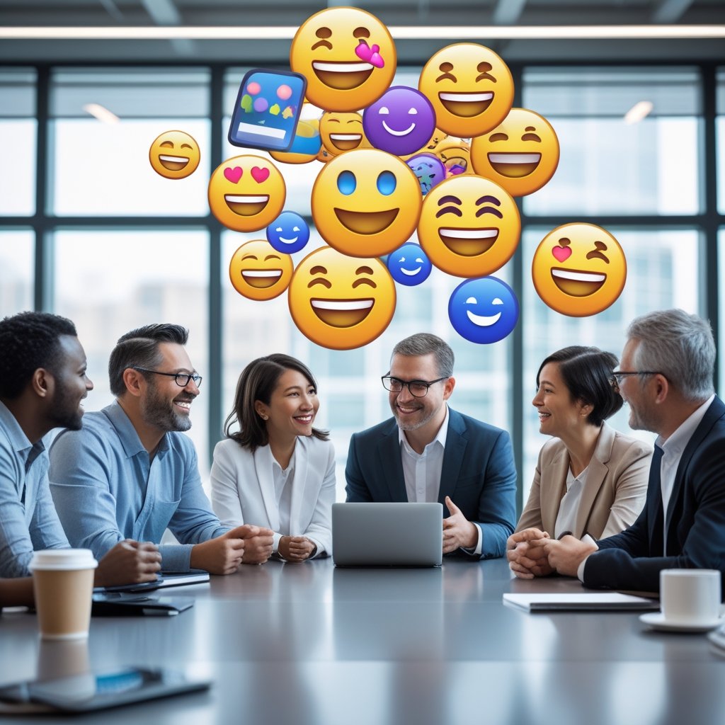 Four adults in an office around a table looking at a tablet showing colorful floating emojis.