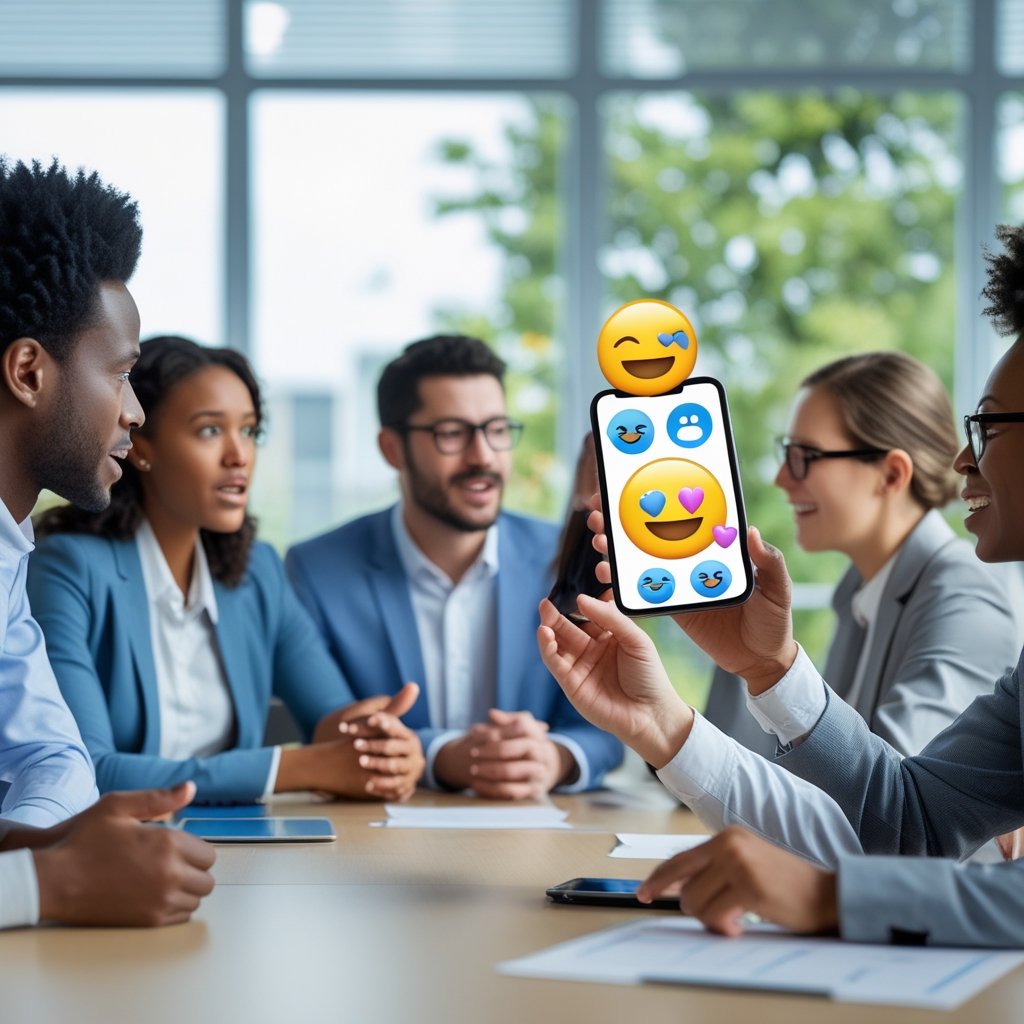 A group of people in an office meeting, one looking puzzled while another shows emojis on a smartphone.