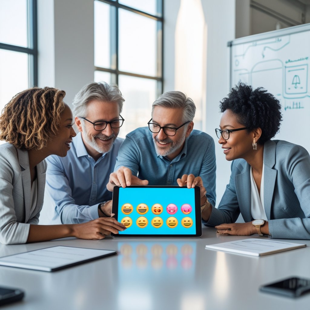 Three adults sitting around a table in an office, looking at a tablet displaying colorful emoji icons while discussing.