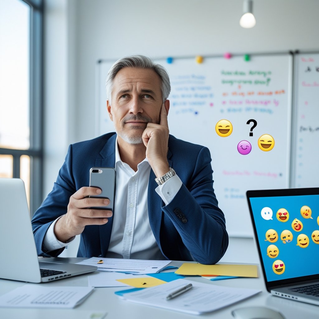 A person sitting at a desk looking thoughtfully at a smartphone with a laptop and papers nearby.