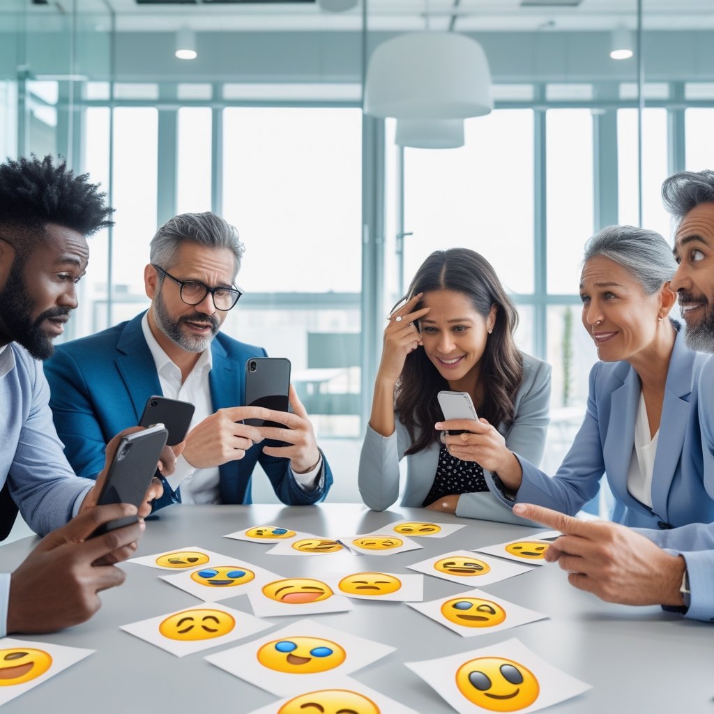 Four adults around a meeting table looking confused while holding smartphones and looking at printed emoji icons.