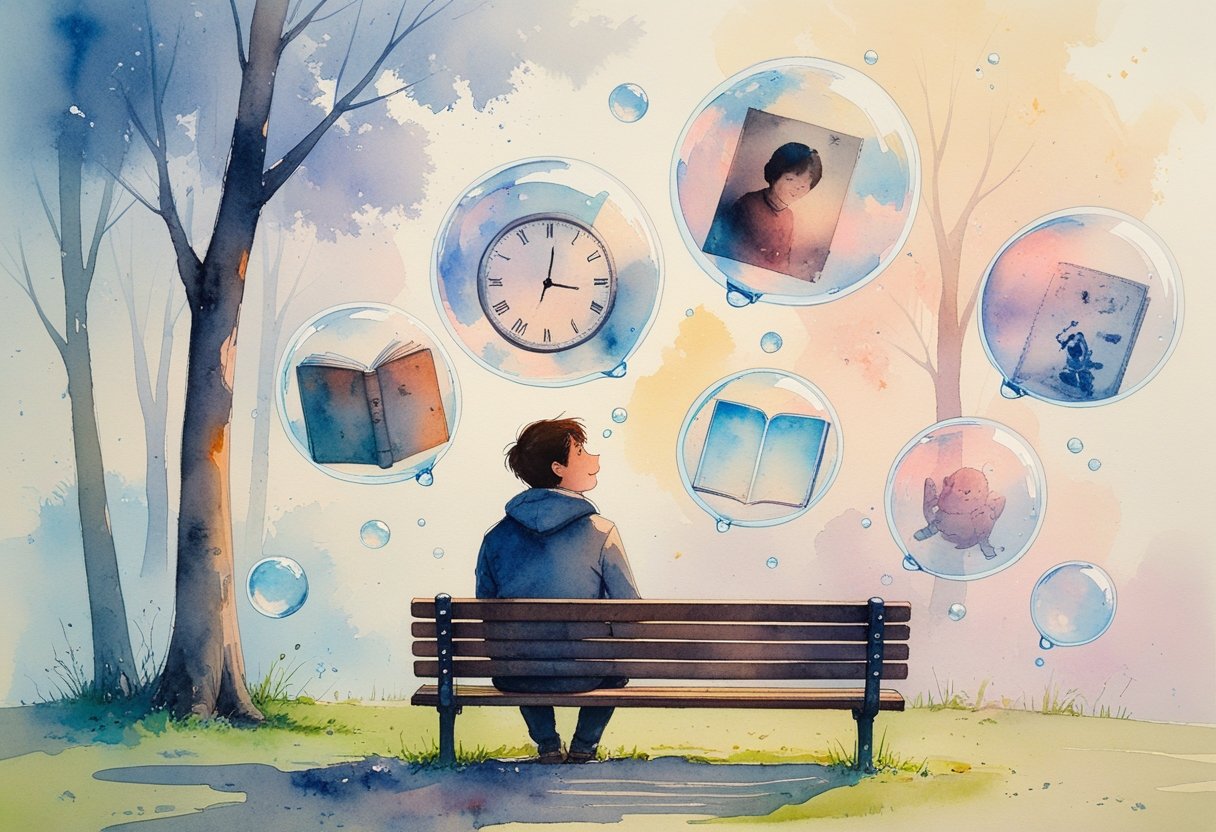 A person sitting on a park bench surrounded by floating bubbles containing faint images, looking thoughtful and puzzled.