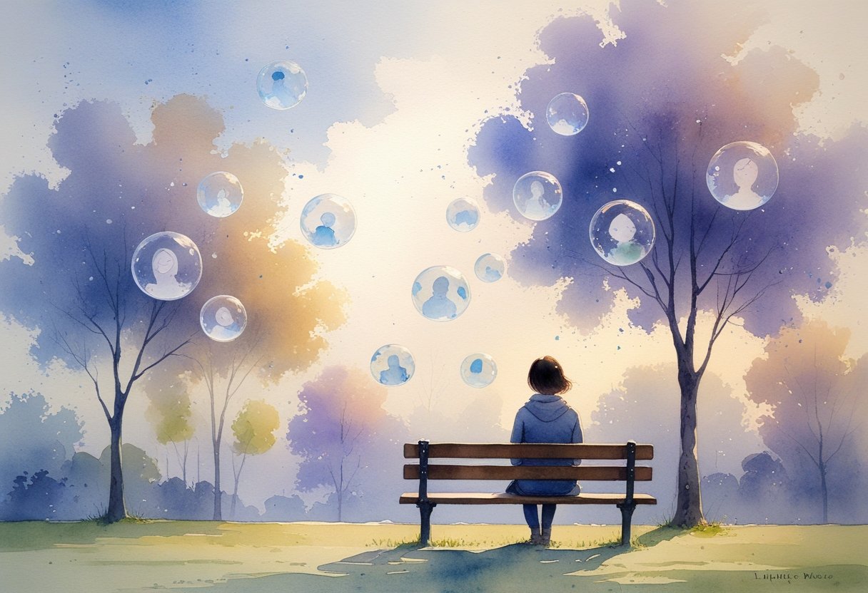 A person sitting on a park bench surrounded by floating, translucent bubbles containing faint, abstract shapes representing memories, set in a calm outdoor scene with trees and sky.