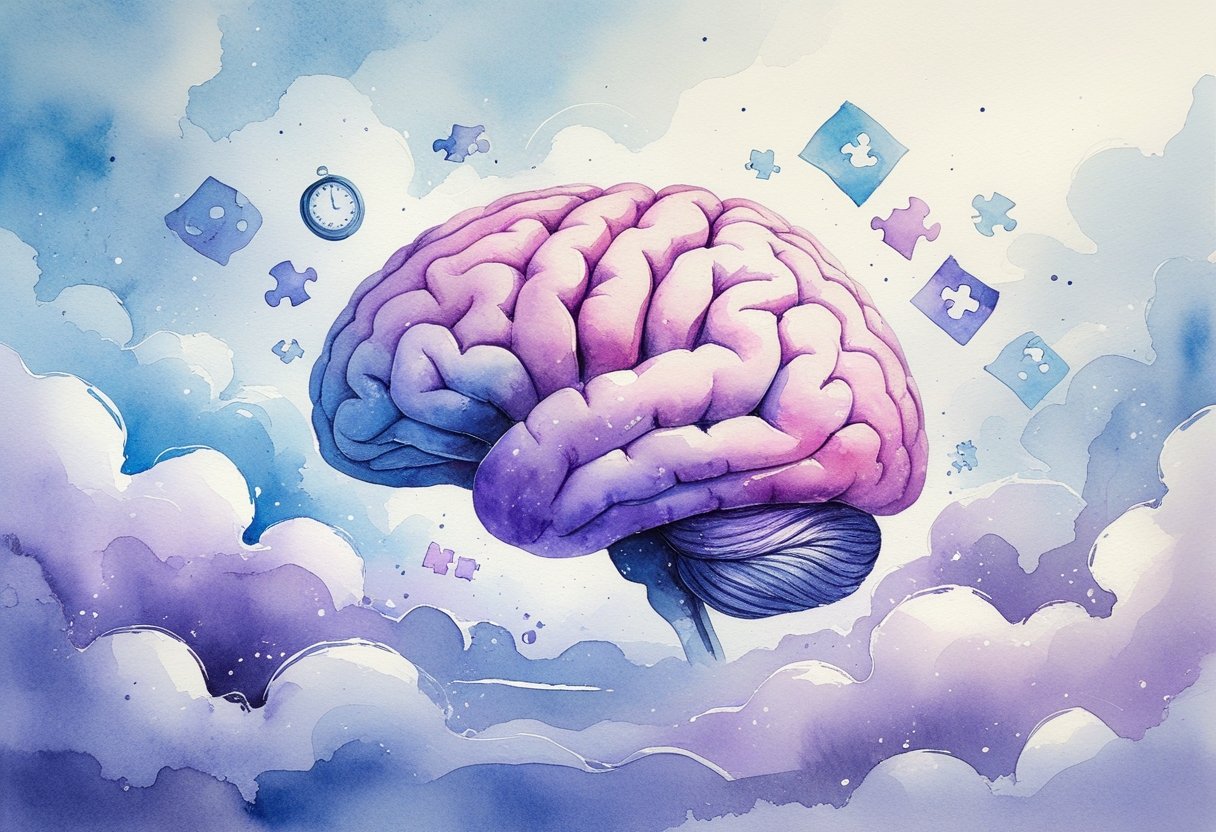 A watercolor painting of a human brain surrounded by abstract shapes and symbols representing thoughts and memories.