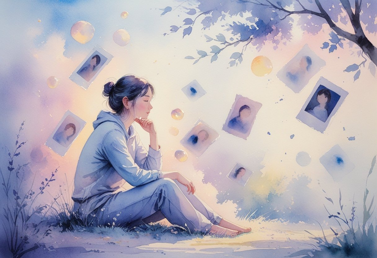A person sitting quietly outdoors surrounded by floating, glowing fragments representing memories, with soft light filtering through trees.