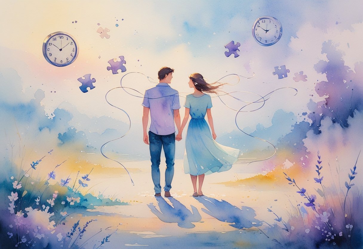 Two people connected by flowing threads surrounded by fading puzzle pieces and melting clocks in a soft, dreamy landscape.