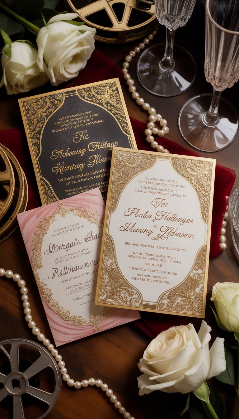 A collection of elegant vintage wedding invitations with gold foil accents arranged on a wooden surface surrounded by white roses, pearl necklaces, and crystal glasses.