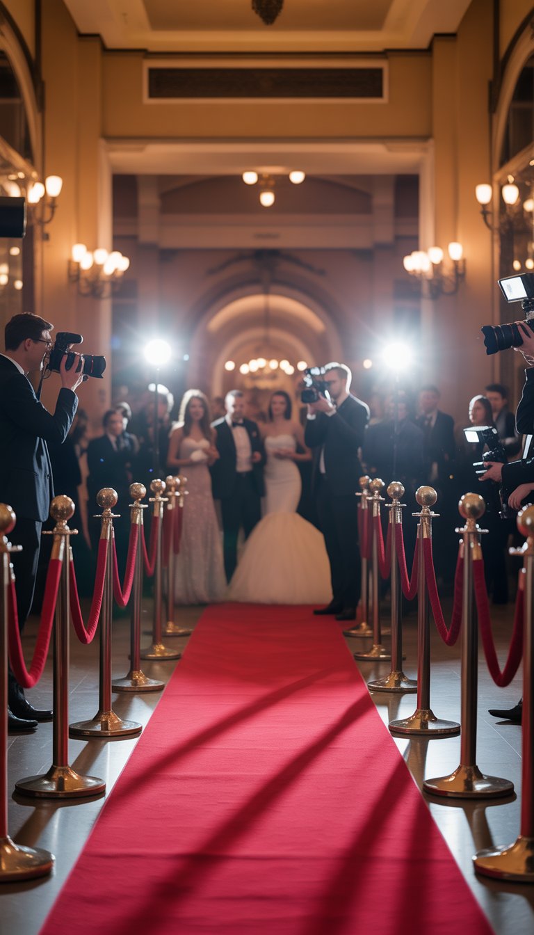 Red carpet entrance with velvet ropes and photographers capturing a wedding event.